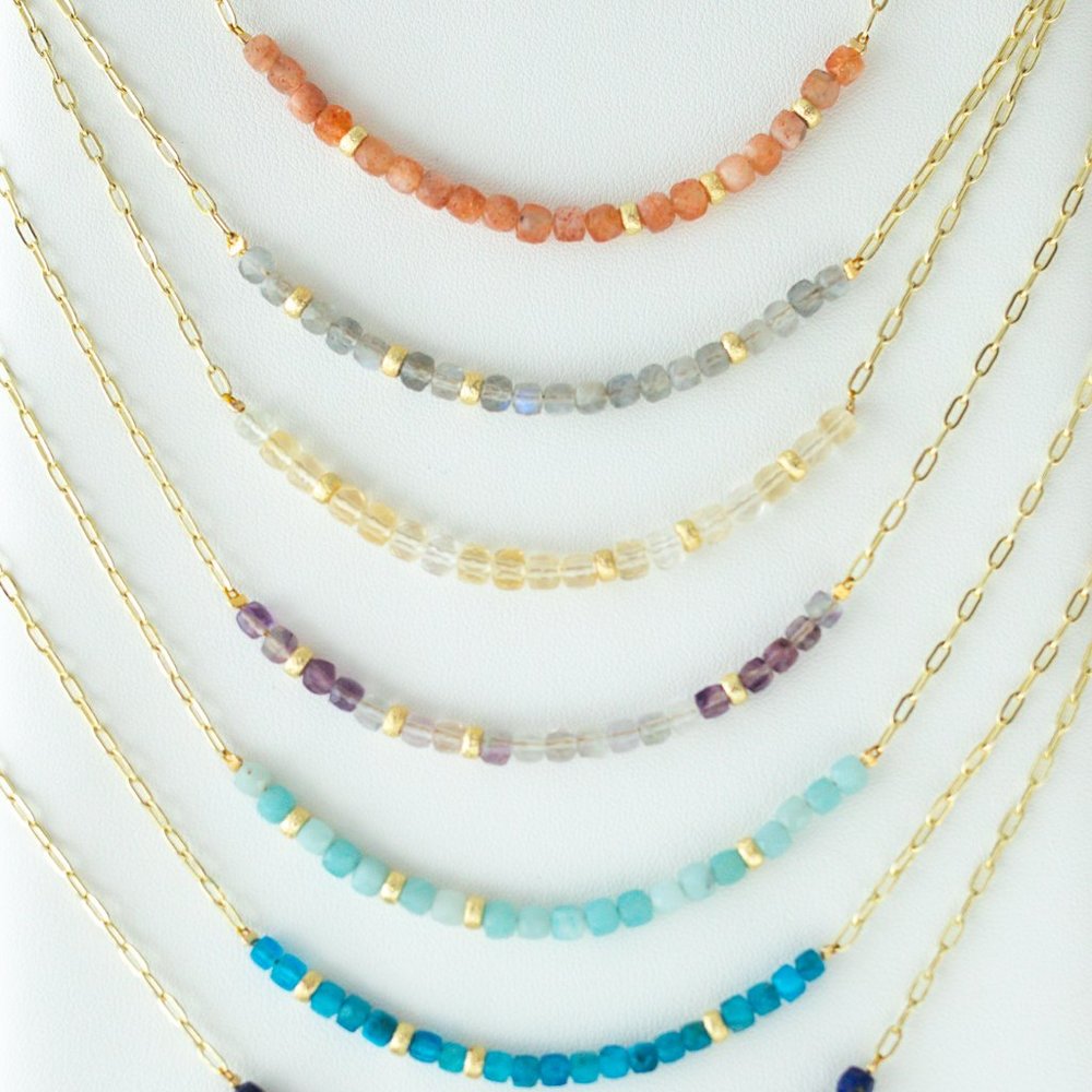 Pastel Gemstone Beaded Necklace Gold Paperclip Chain Waterproof Fluorite Crystal - Picture 12 of 13